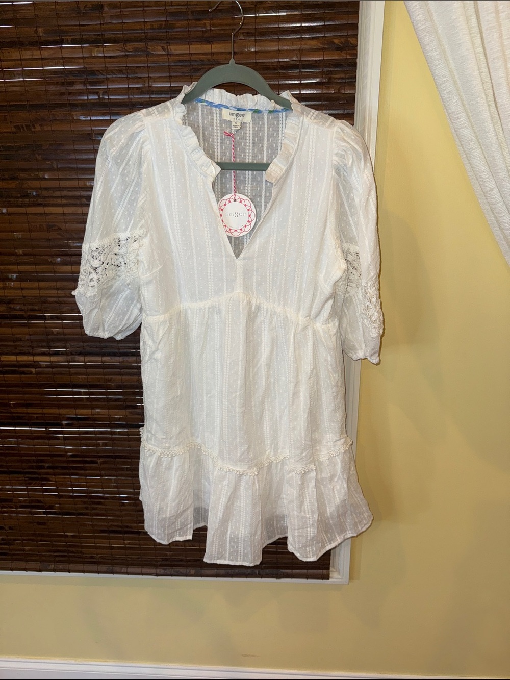 Umgee White Eyelet Tiered Women’s Dress with Lace Sleeves